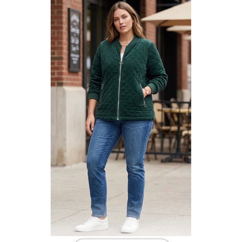 CJ Banks Forest Green Quilted Corduroy Bomber Jacket Plus Size 1X Zip Up